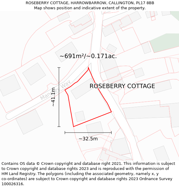 ROSEBERRY COTTAGE, HARROWBARROW, CALLINGTON, PL17 8BB: Plot and title map