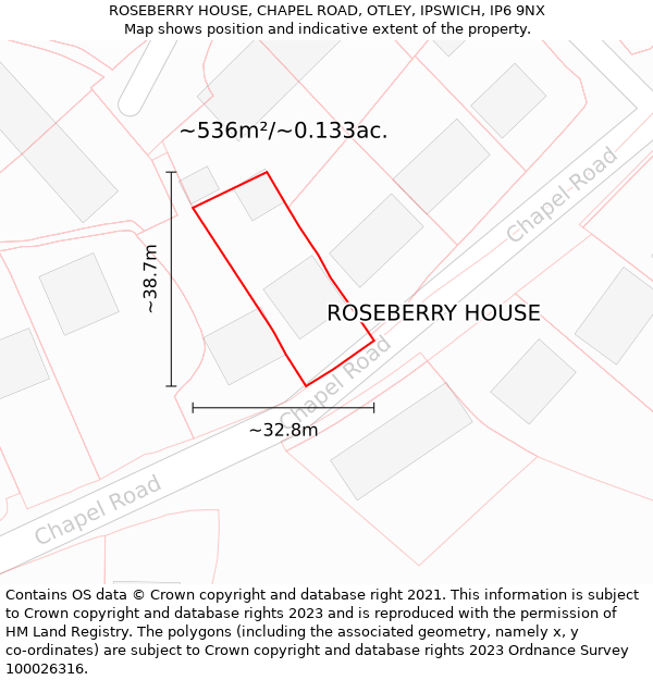 ROSEBERRY HOUSE, CHAPEL ROAD, OTLEY, IPSWICH, IP6 9NX: Plot and title map