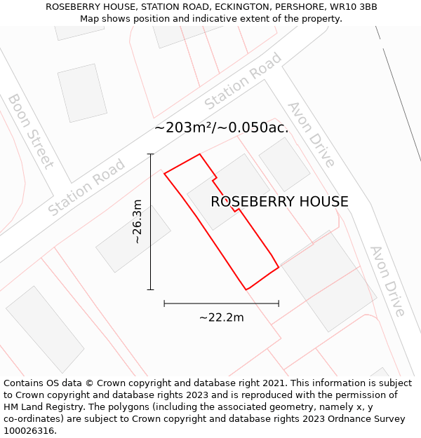 ROSEBERRY HOUSE, STATION ROAD, ECKINGTON, PERSHORE, WR10 3BB: Plot and title map