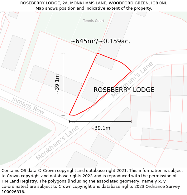 ROSEBERRY LODGE, 2A, MONKHAMS LANE, WOODFORD GREEN, IG8 0NL: Plot and title map