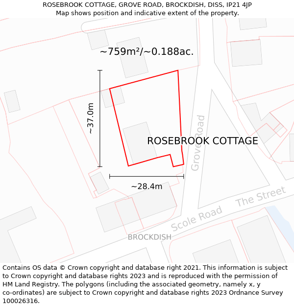 ROSEBROOK COTTAGE, GROVE ROAD, BROCKDISH, DISS, IP21 4JP: Plot and title map