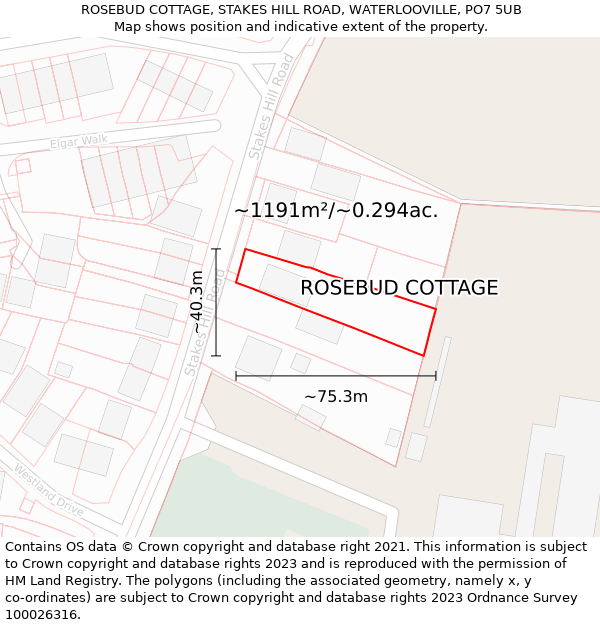 ROSEBUD COTTAGE, STAKES HILL ROAD, WATERLOOVILLE, PO7 5UB: Plot and title map