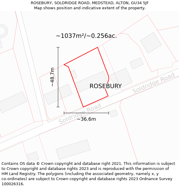 ROSEBURY, SOLDRIDGE ROAD, MEDSTEAD, ALTON, GU34 5JF: Plot and title map