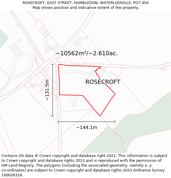 ROSECROFT, EAST STREET, HAMBLEDON, WATERLOOVILLE, PO7 4SA: Plot and title map