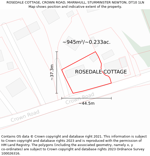 ROSEDALE COTTAGE, CROWN ROAD, MARNHULL, STURMINSTER NEWTON, DT10 1LN: Plot and title map