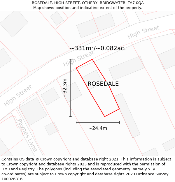 ROSEDALE, HIGH STREET, OTHERY, BRIDGWATER, TA7 0QA: Plot and title map