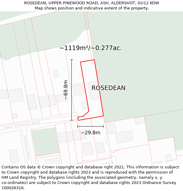 ROSEDEAN, UPPER PINEWOOD ROAD, ASH, ALDERSHOT, GU12 6DW: Plot and title map