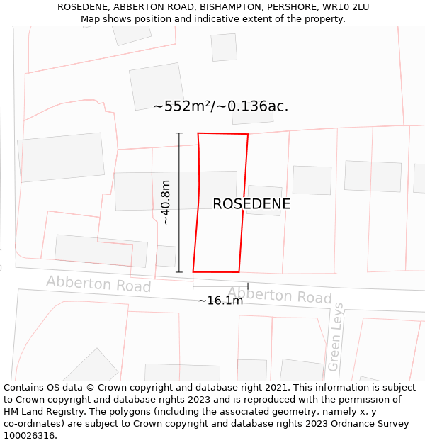 ROSEDENE, ABBERTON ROAD, BISHAMPTON, PERSHORE, WR10 2LU: Plot and title map