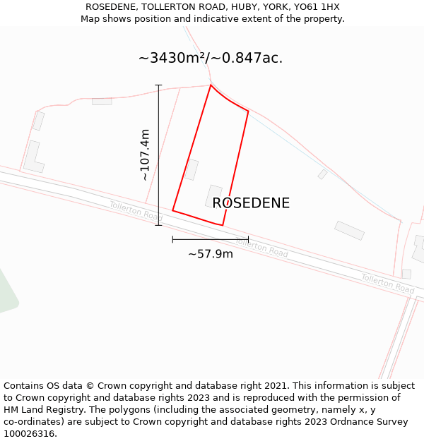 ROSEDENE, TOLLERTON ROAD, HUBY, YORK, YO61 1HX: Plot and title map