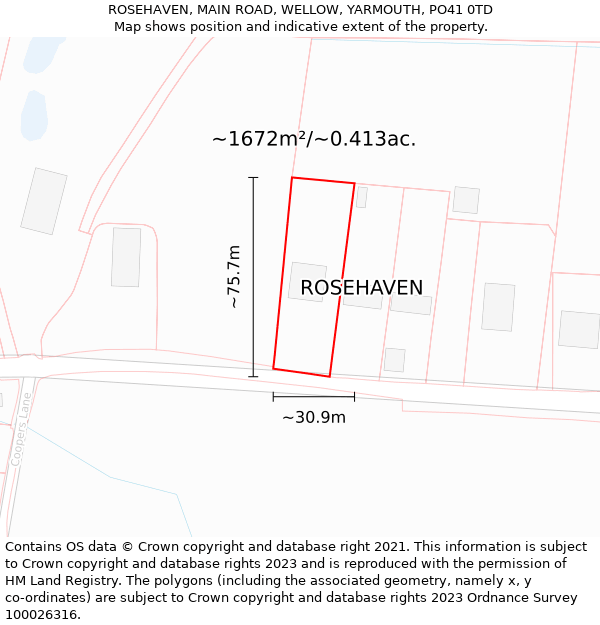 ROSEHAVEN, MAIN ROAD, WELLOW, YARMOUTH, PO41 0TD: Plot and title map