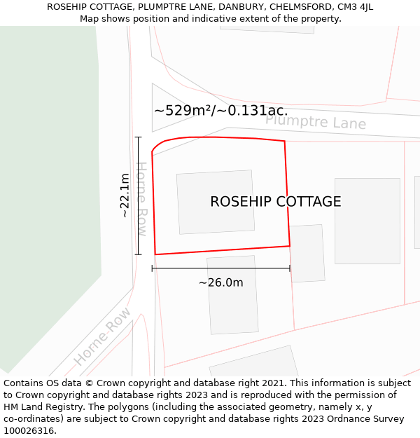 ROSEHIP COTTAGE, PLUMPTRE LANE, DANBURY, CHELMSFORD, CM3 4JL: Plot and title map