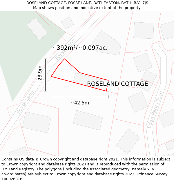 ROSELAND COTTAGE, FOSSE LANE, BATHEASTON, BATH, BA1 7JS: Plot and title map