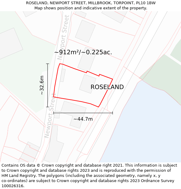 ROSELAND, NEWPORT STREET, MILLBROOK, TORPOINT, PL10 1BW: Plot and title map
