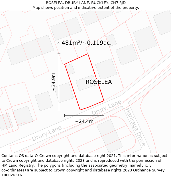 ROSELEA, DRURY LANE, BUCKLEY, CH7 3JD: Plot and title map