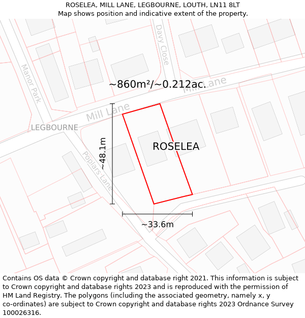 ROSELEA, MILL LANE, LEGBOURNE, LOUTH, LN11 8LT: Plot and title map