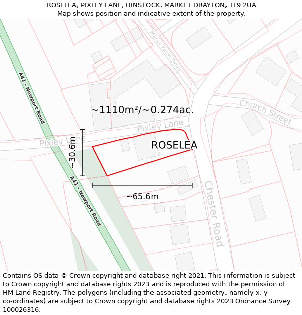 ROSELEA, PIXLEY LANE, HINSTOCK, MARKET DRAYTON, TF9 2UA: Plot and title map