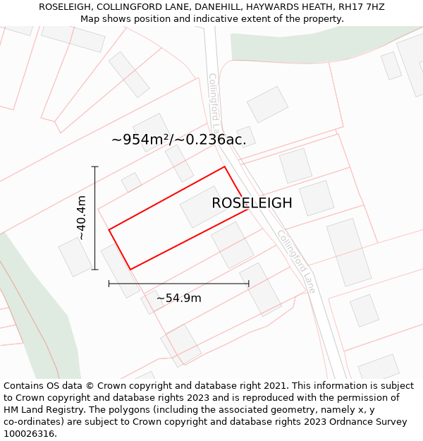 ROSELEIGH, COLLINGFORD LANE, DANEHILL, HAYWARDS HEATH, RH17 7HZ: Plot and title map