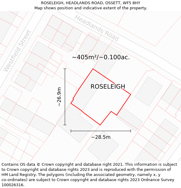 ROSELEIGH, HEADLANDS ROAD, OSSETT, WF5 8HY: Plot and title map