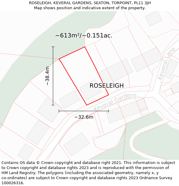 ROSELEIGH, KEVERAL GARDENS, SEATON, TORPOINT, PL11 3JH: Plot and title map