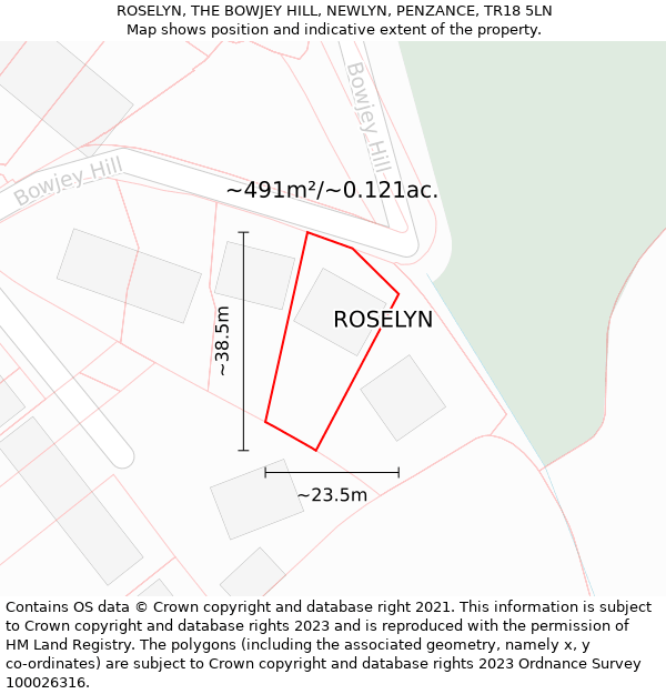 ROSELYN, THE BOWJEY HILL, NEWLYN, PENZANCE, TR18 5LN: Plot and title map