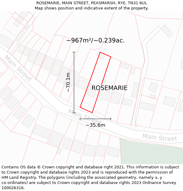 ROSEMARIE, MAIN STREET, PEASMARSH, RYE, TN31 6UL: Plot and title map