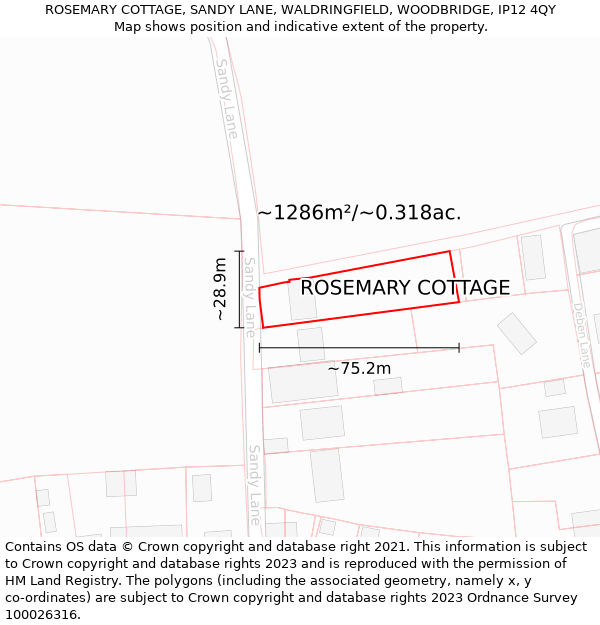 ROSEMARY COTTAGE, SANDY LANE, WALDRINGFIELD, WOODBRIDGE, IP12 4QY: Plot and title map