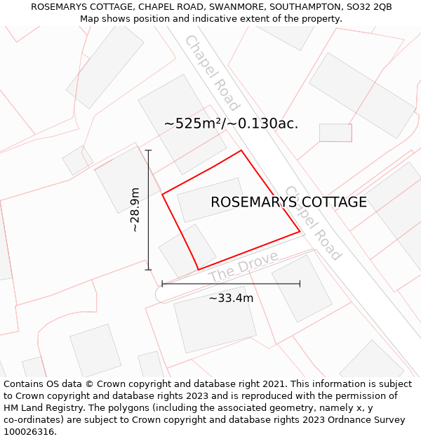 ROSEMARYS COTTAGE, CHAPEL ROAD, SWANMORE, SOUTHAMPTON, SO32 2QB: Plot and title map