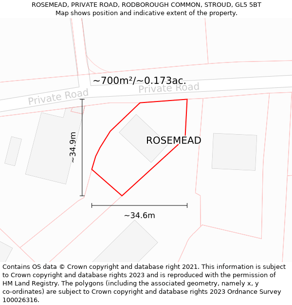 ROSEMEAD, PRIVATE ROAD, RODBOROUGH COMMON, STROUD, GL5 5BT: Plot and title map