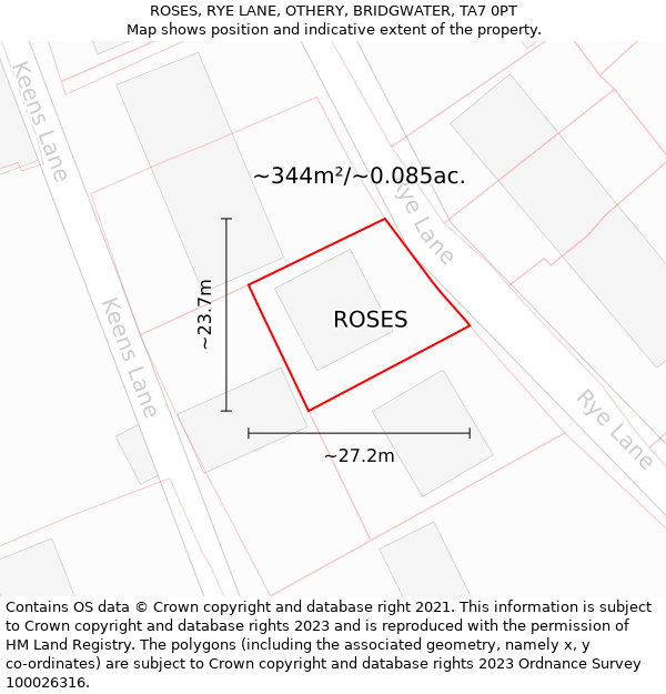 ROSES, RYE LANE, OTHERY, BRIDGWATER, TA7 0PT: Plot and title map