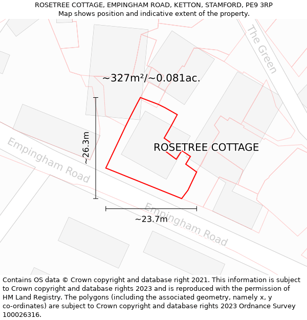 ROSETREE COTTAGE, EMPINGHAM ROAD, KETTON, STAMFORD, PE9 3RP: Plot and title map