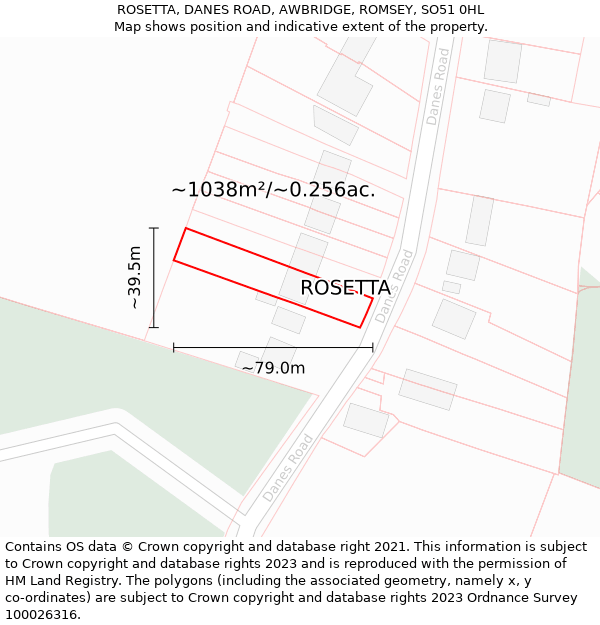 ROSETTA, DANES ROAD, AWBRIDGE, ROMSEY, SO51 0HL: Plot and title map