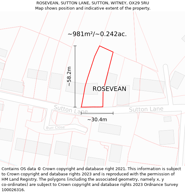 ROSEVEAN, SUTTON LANE, SUTTON, WITNEY, OX29 5RU: Plot and title map