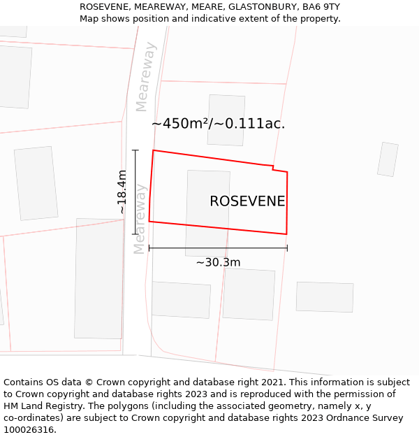 ROSEVENE, MEAREWAY, MEARE, GLASTONBURY, BA6 9TY: Plot and title map