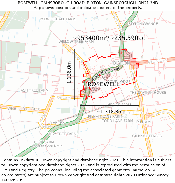 ROSEWELL, GAINSBOROUGH ROAD, BLYTON, GAINSBOROUGH, DN21 3NB: Plot and title map