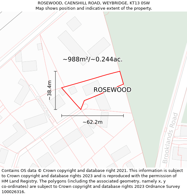ROSEWOOD, CAENSHILL ROAD, WEYBRIDGE, KT13 0SW: Plot and title map