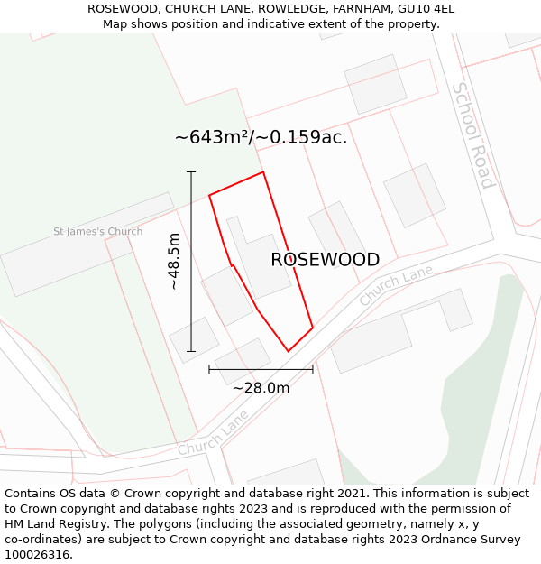 ROSEWOOD, CHURCH LANE, ROWLEDGE, FARNHAM, GU10 4EL: Plot and title map