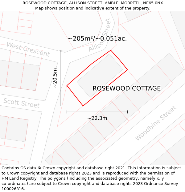 ROSEWOOD COTTAGE, ALLISON STREET, AMBLE, MORPETH, NE65 0NX: Plot and title map