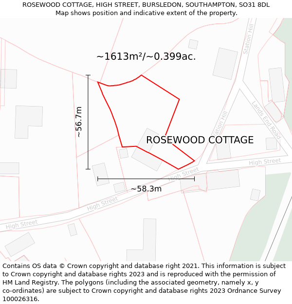 ROSEWOOD COTTAGE, HIGH STREET, BURSLEDON, SOUTHAMPTON, SO31 8DL: Plot and title map