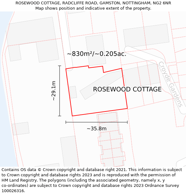 ROSEWOOD COTTAGE, RADCLIFFE ROAD, GAMSTON, NOTTINGHAM, NG2 6NR: Plot and title map