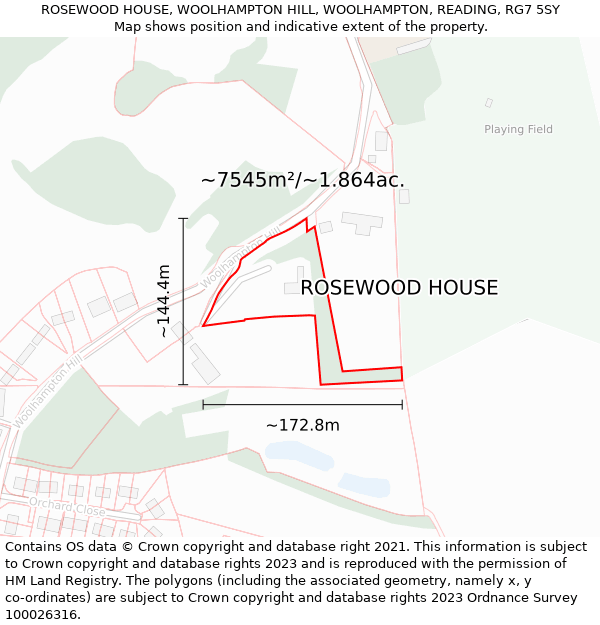 ROSEWOOD HOUSE, WOOLHAMPTON HILL, WOOLHAMPTON, READING, RG7 5SY: Plot and title map