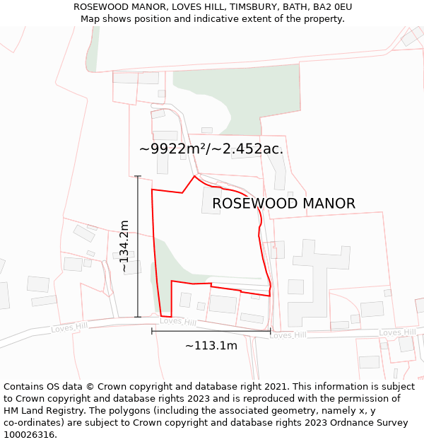 ROSEWOOD MANOR, LOVES HILL, TIMSBURY, BATH, BA2 0EU: Plot and title map