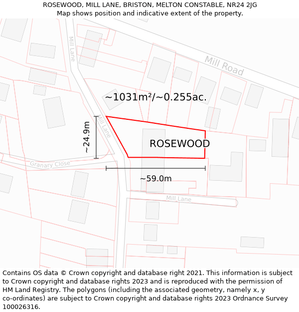 ROSEWOOD, MILL LANE, BRISTON, MELTON CONSTABLE, NR24 2JG: Plot and title map