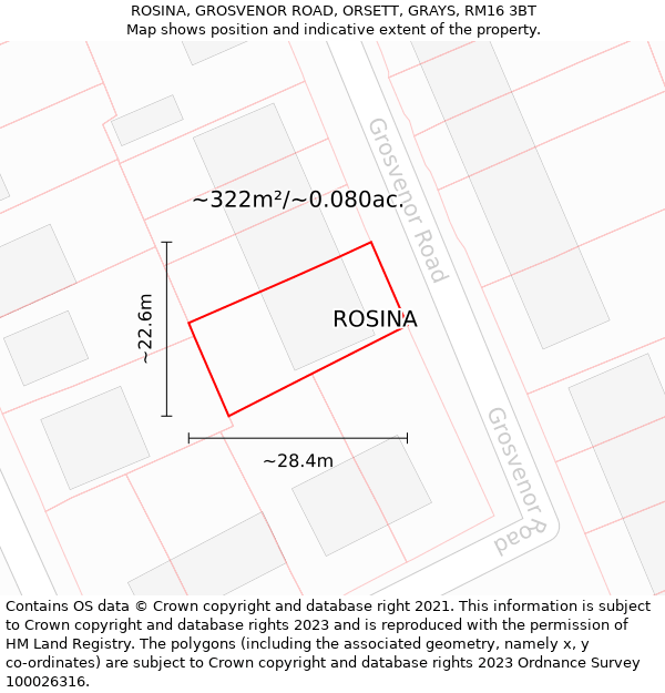 ROSINA, GROSVENOR ROAD, ORSETT, GRAYS, RM16 3BT: Plot and title map