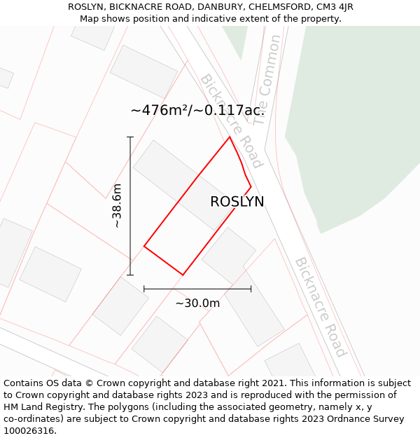 ROSLYN, BICKNACRE ROAD, DANBURY, CHELMSFORD, CM3 4JR: Plot and title map