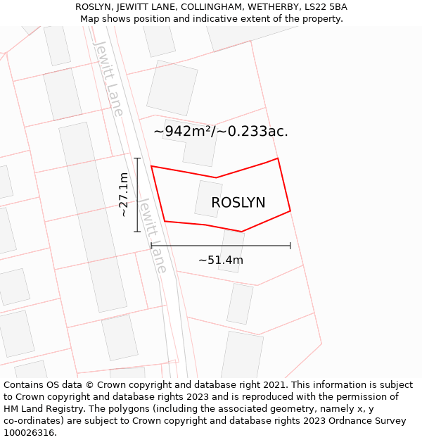 ROSLYN, JEWITT LANE, COLLINGHAM, WETHERBY, LS22 5BA: Plot and title map