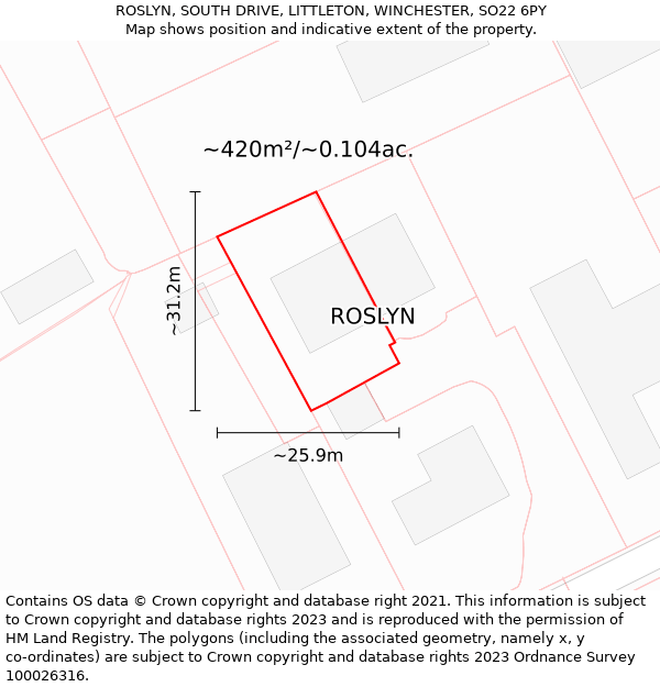 ROSLYN, SOUTH DRIVE, LITTLETON, WINCHESTER, SO22 6PY: Plot and title map