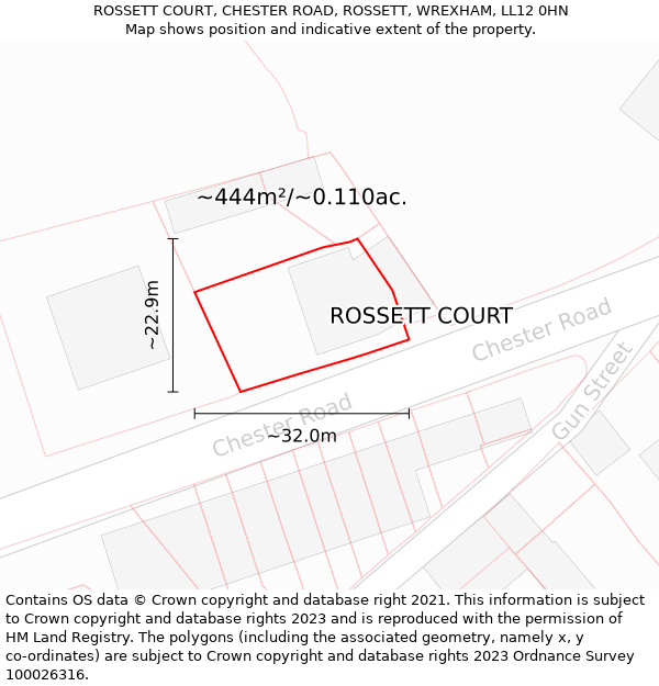 ROSSETT COURT, CHESTER ROAD, ROSSETT, WREXHAM, LL12 0HN: Plot and title map