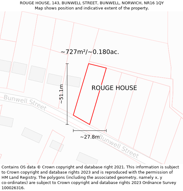 ROUGE HOUSE, 143, BUNWELL STREET, BUNWELL, NORWICH, NR16 1QY: Plot and title map