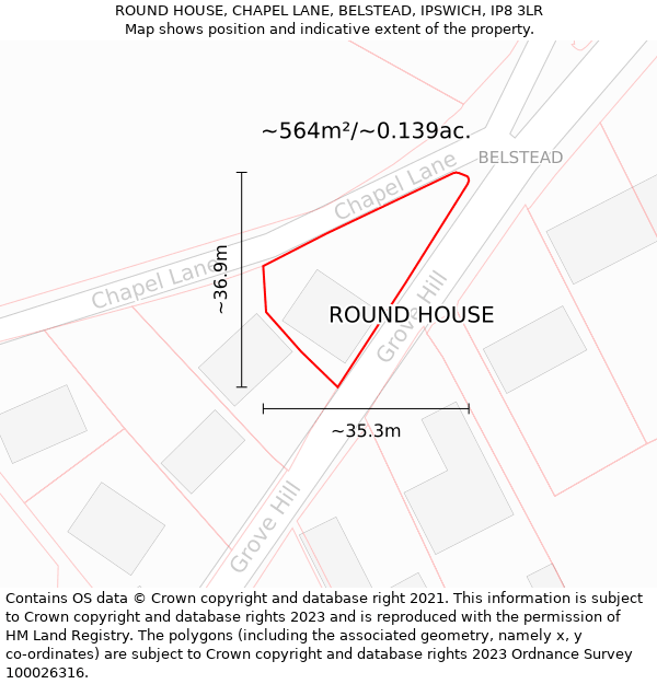 ROUND HOUSE, CHAPEL LANE, BELSTEAD, IPSWICH, IP8 3LR: Plot and title map