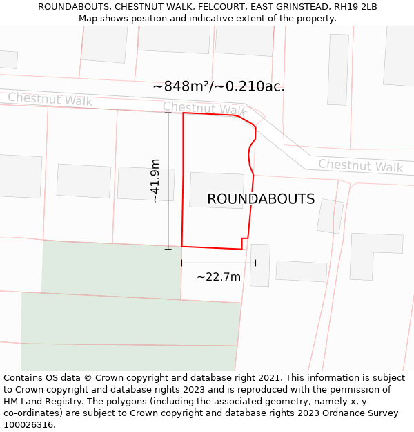 ROUNDABOUTS, CHESTNUT WALK, FELCOURT, EAST GRINSTEAD, RH19 2LB: Plot and title map